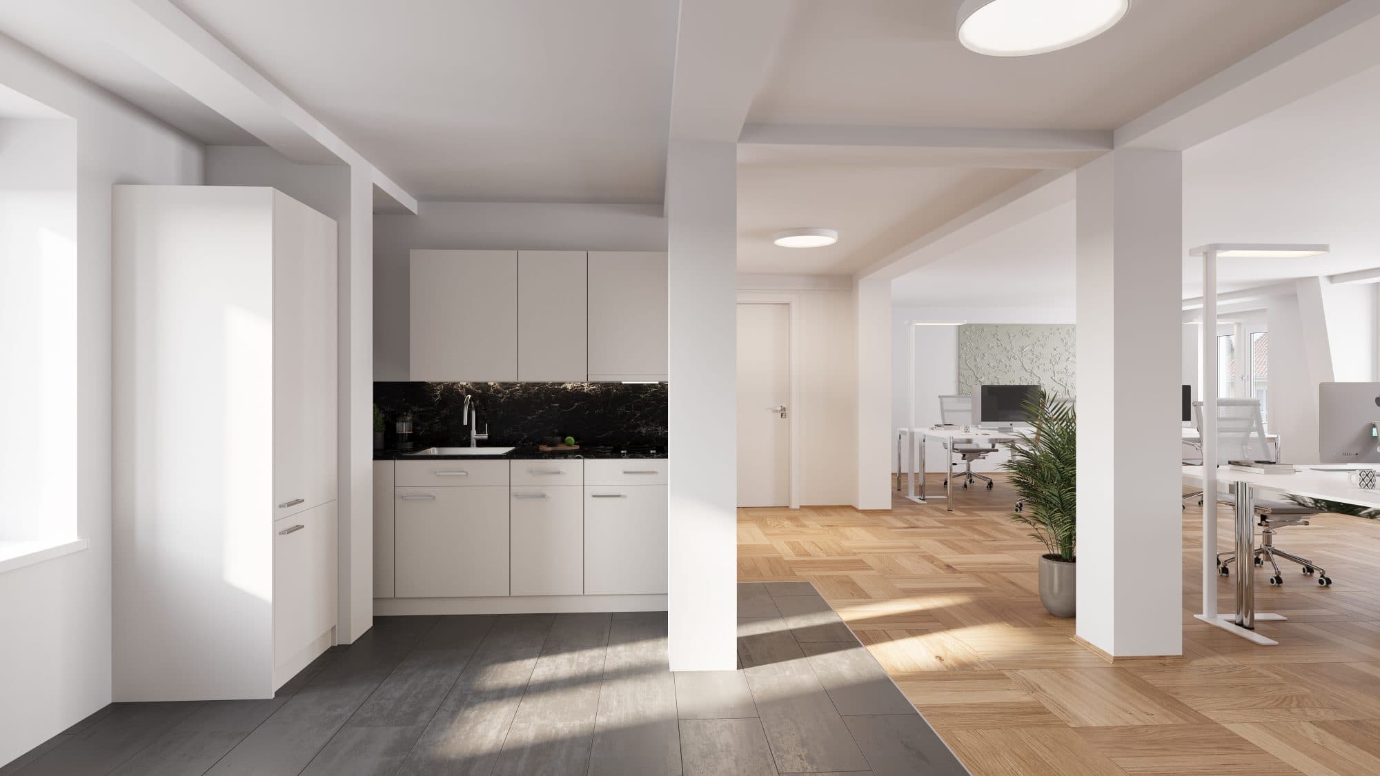 Renovated office at Badenerstrasse 15 with kitchenette and open floor