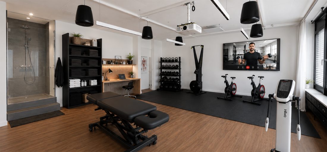 Care & performance room — physio table, fitness, InBody